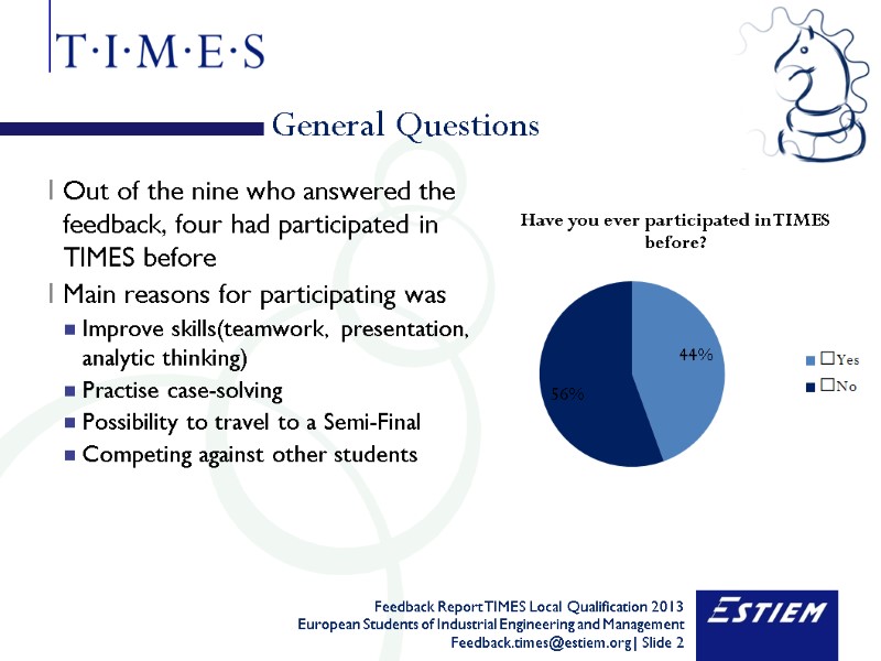 General Questions Out of the nine who answered the feedback, four had participated in
